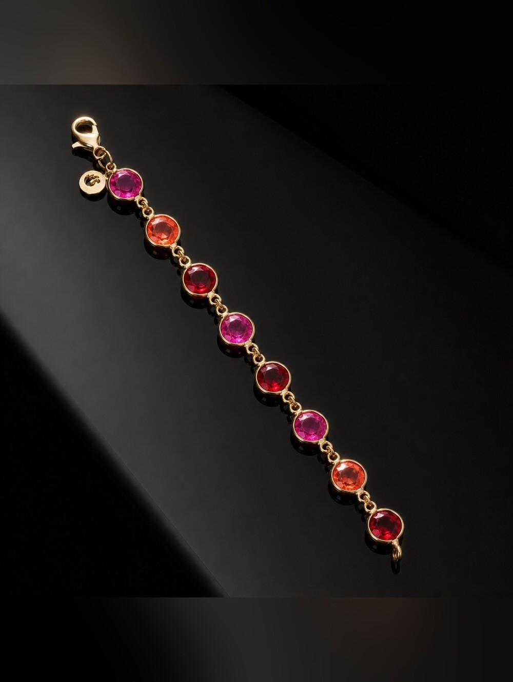 Vintage Gold Tone Multicolor Pink Red Orange Crystal Tennis Bracelet